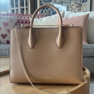 Strathberry Light Tan Midi Tote with Gold Chain Strap
